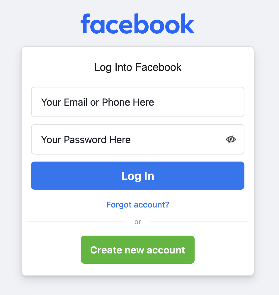 Facebook login page showing email and password fields with the Log In button